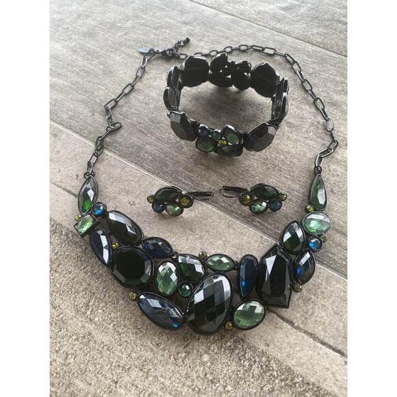 Lia Sophia Set Necklace Bracelet Earrings Black Tone Blue Green Acrylic - Picture 2 of 10